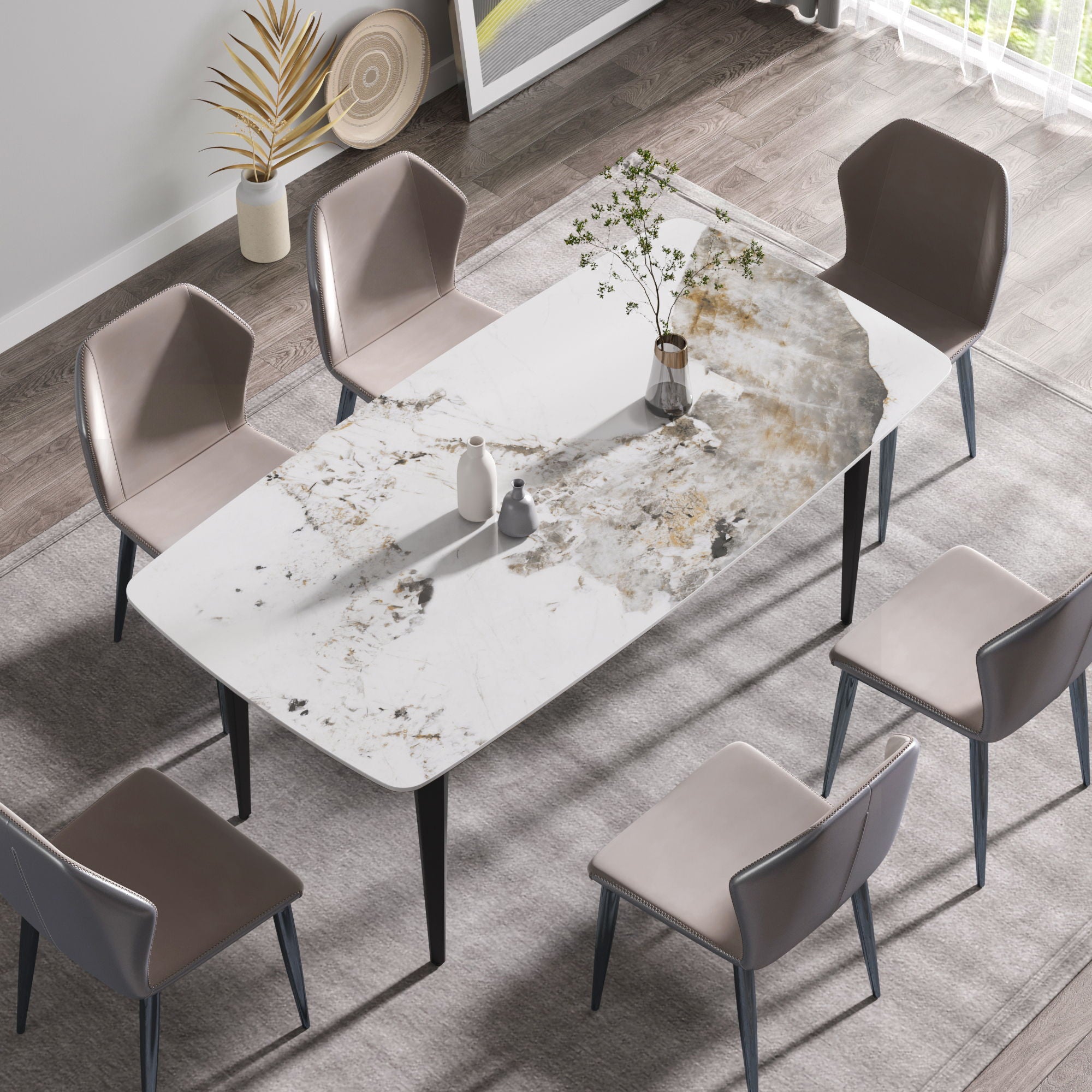 70.87&quot; Modern Artificial Stone Pandora White Curved Black Metal Leg Dining Table - Antique White