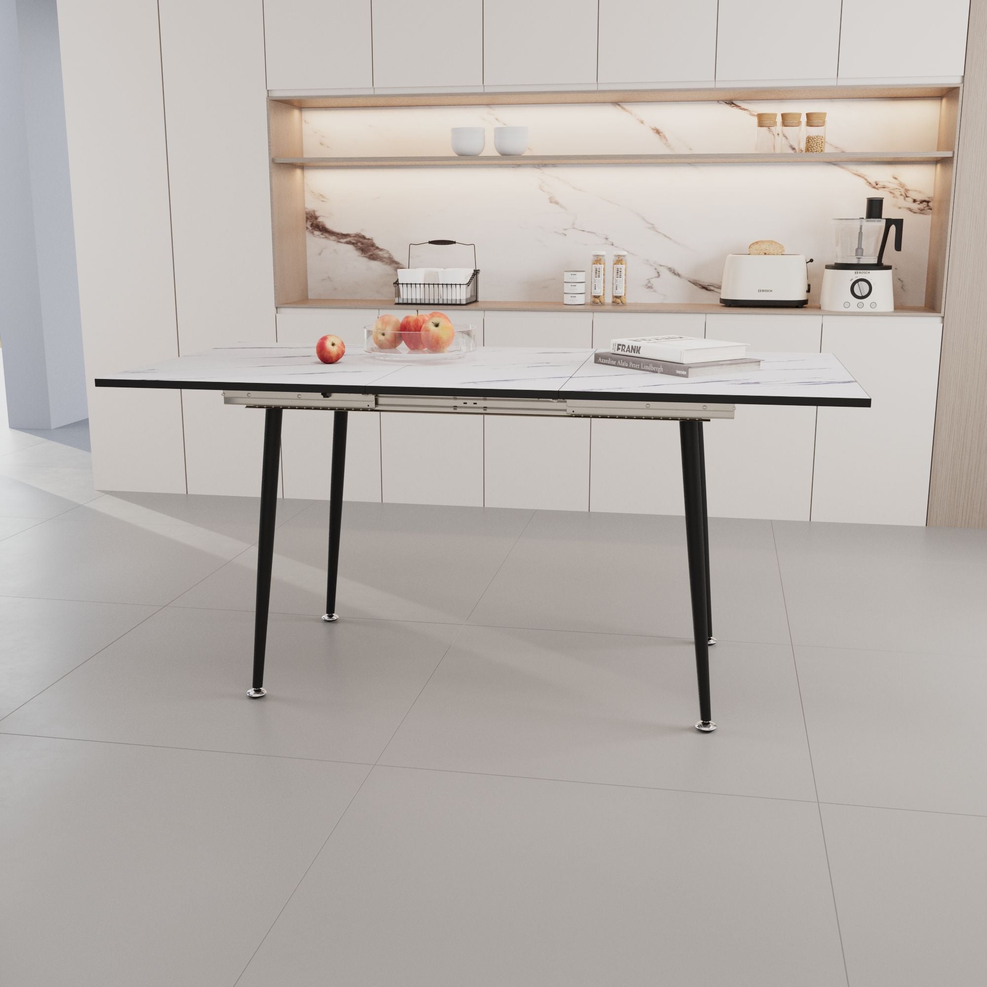Modern Industrial Expandable Dining Table 47&quot; To With Marble Pattern Top And Metal Legs - White