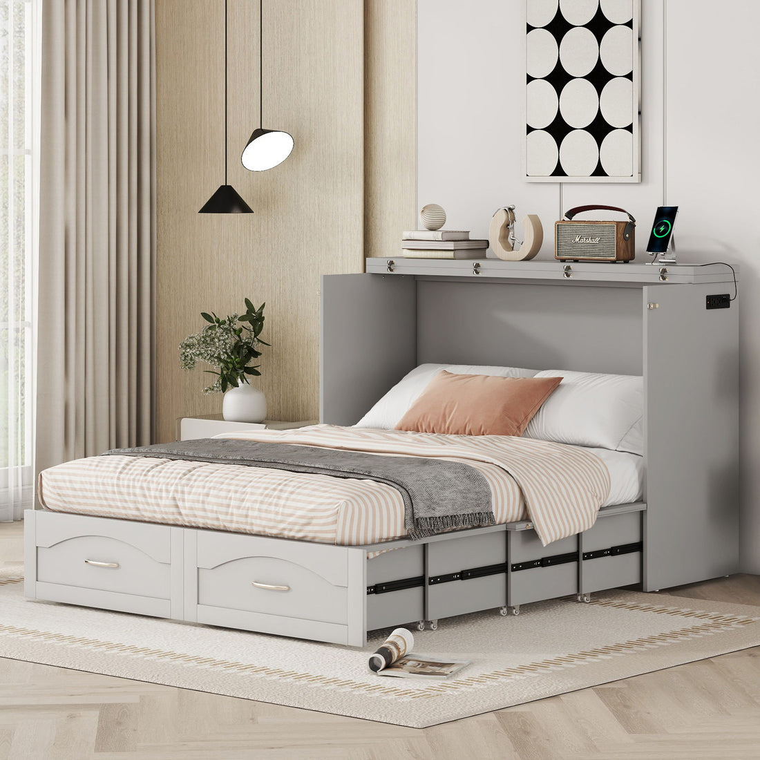 Murphy Wall Bed With Drawer And A Set Of Sockets &amp; USB Ports, Pulley Structure Design