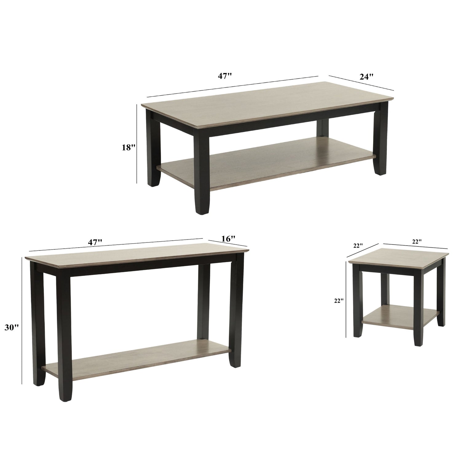 3 Piece Table Set With Open Shelf Storage, Includes Coffee, End &amp; Console Table - Black / Black / Gray / Gray