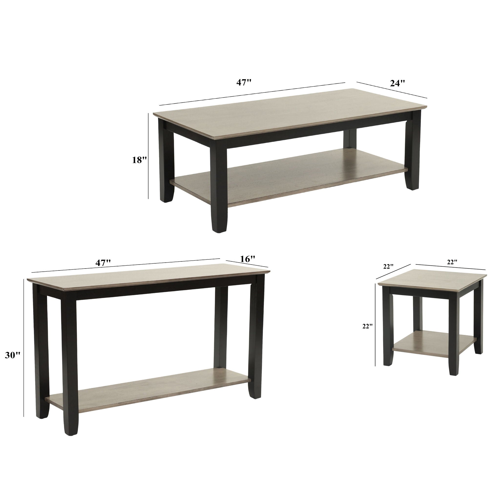 3 Piece Table Set With Open Shelf Storage, Includes Coffee, End &amp; Console Table - Black / Black / Gray / Gray