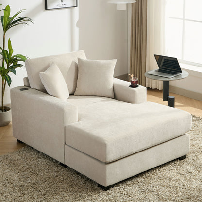 Oversized Chaise Lounger Modern Style Sofa Couch, With Pillows, Charge Station &amp; Cup Holders