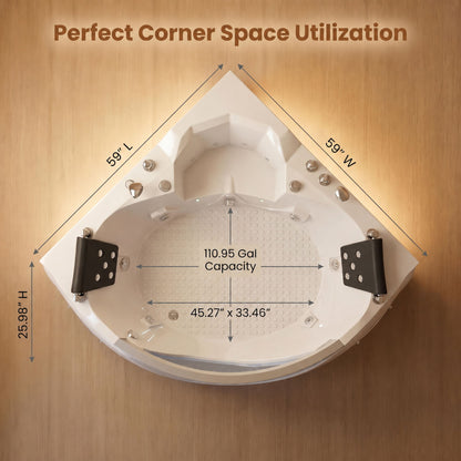 Xavier - Double Corner Massage Bathtub, Equipped &amp; Gfci Plug And Ul Certified Water Pump, Upc Certified Drain - Milk White