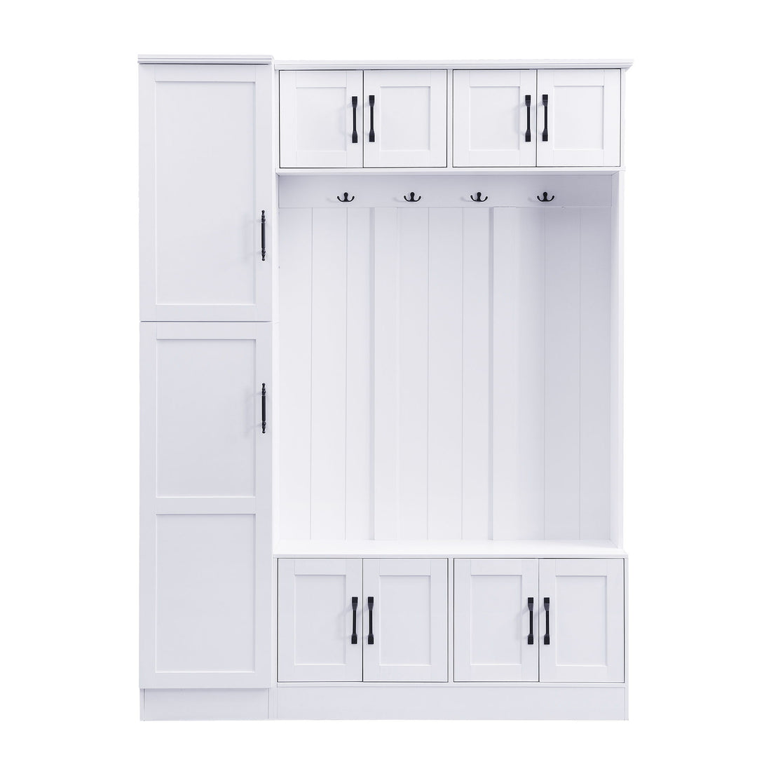 Tall Hall Tree With Shoe Storage, 4 In 1 Entryway Bench With 6 Cabinets, 4 Coat Hooks &amp; Adjustable Shelf For Hallway - White