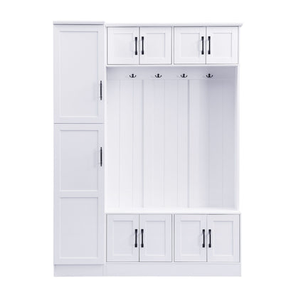 Tall Hall Tree With Shoe Storage, 4 In 1 Entryway Bench With 6 Cabinets, 4 Coat Hooks &amp; Adjustable Shelf For Hallway - White