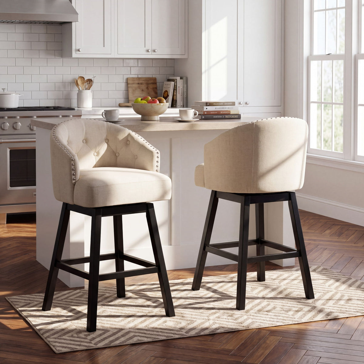 360 Degree Swivel Bar Stool &amp; Stunning Nailhead Trim (Set of 2) - Beige