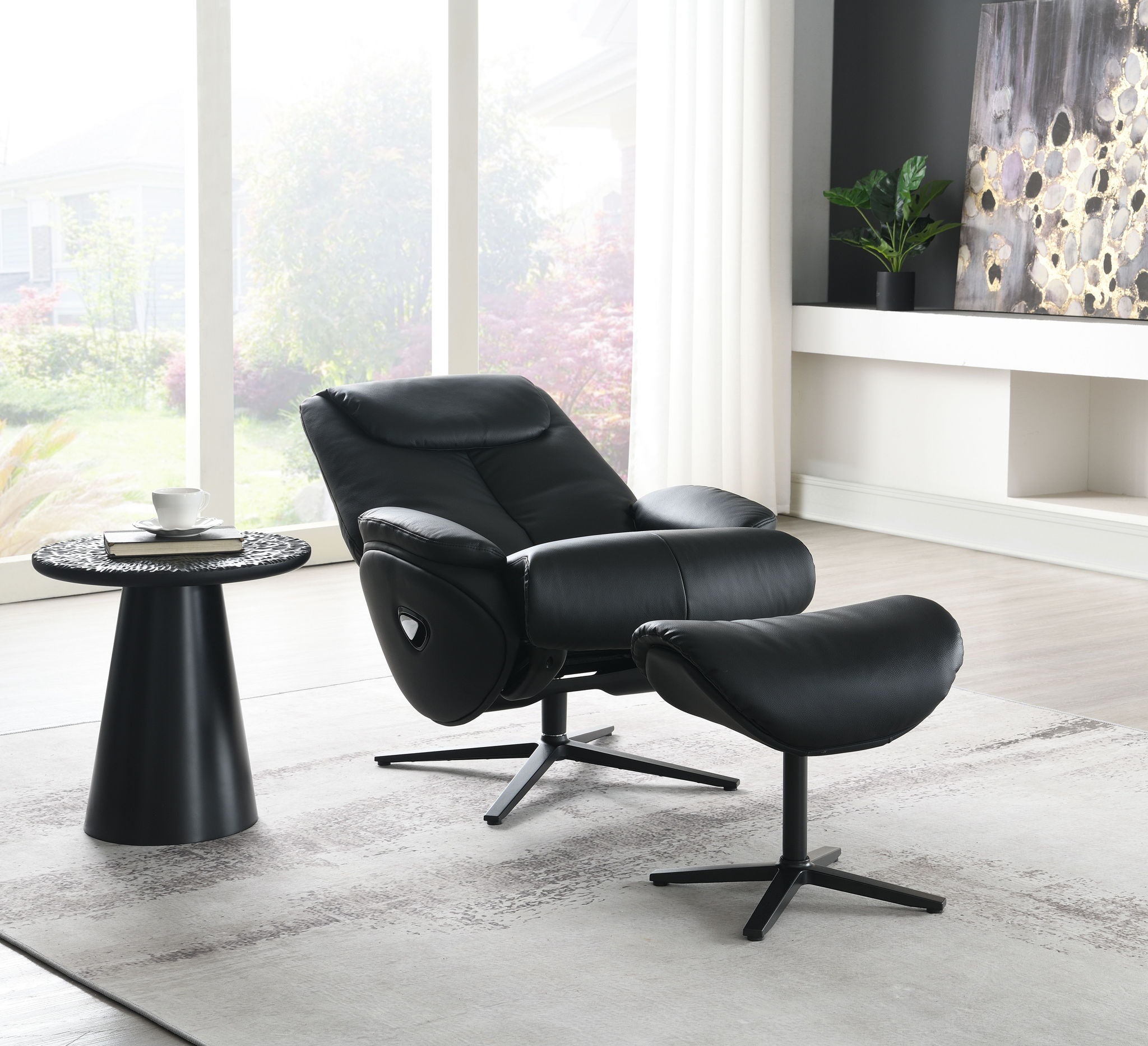 Labotina - Top Grain Leather Accent Chair With Swivel &amp; Ottoman - Black