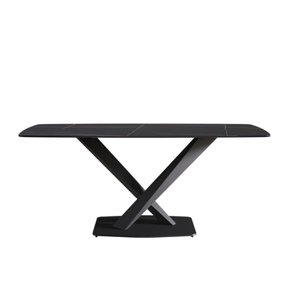 70.87&quot; Modern Artificial Stone Black Curved Black Metal Leg Dining Table, Can Accommodate 6-8 People - Black