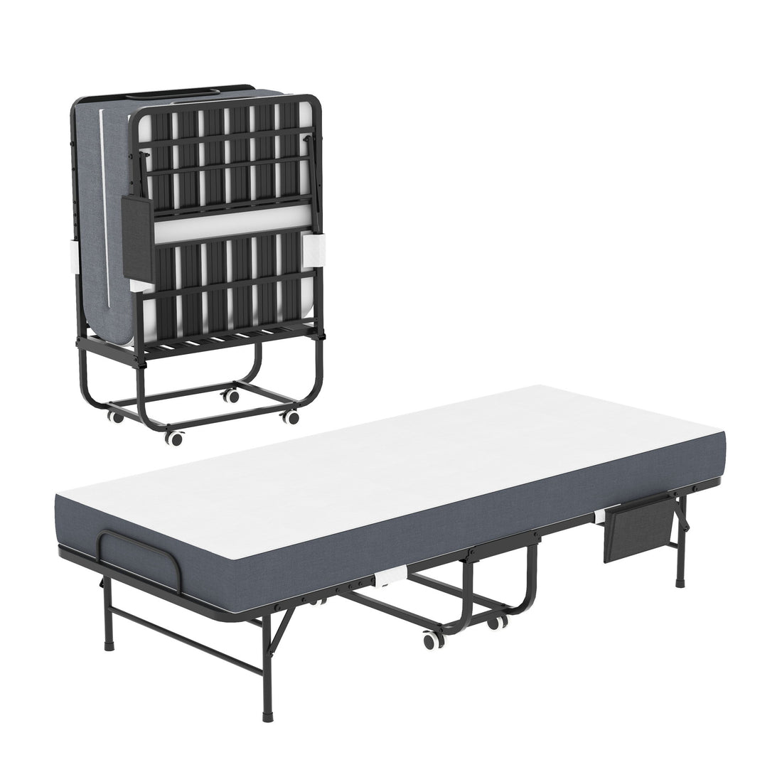 Twin Folding Bed With Memory Foam Mattress, Space Saving Rollaway Guest, On Wheels, Portable For Adults &amp; Guests - Black