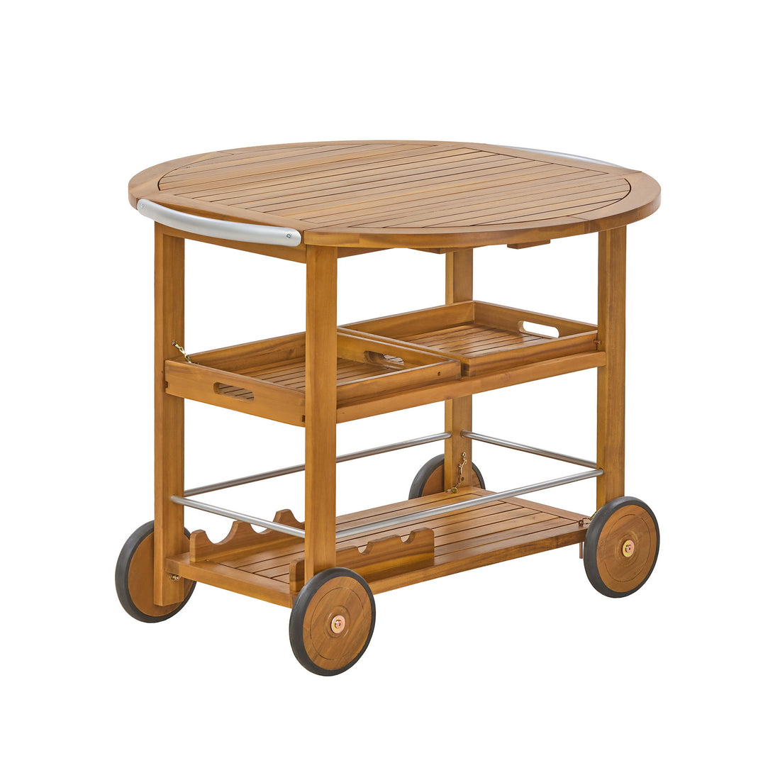 Outdoor Bar Cart With Foldable Tabletop &amp; Removable Trays - Teak