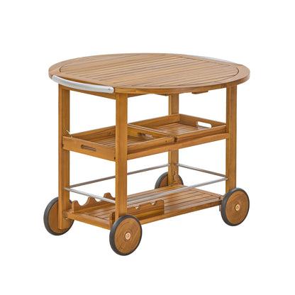 Outdoor Bar Cart With Foldable Tabletop &amp; Removable Trays - Teak