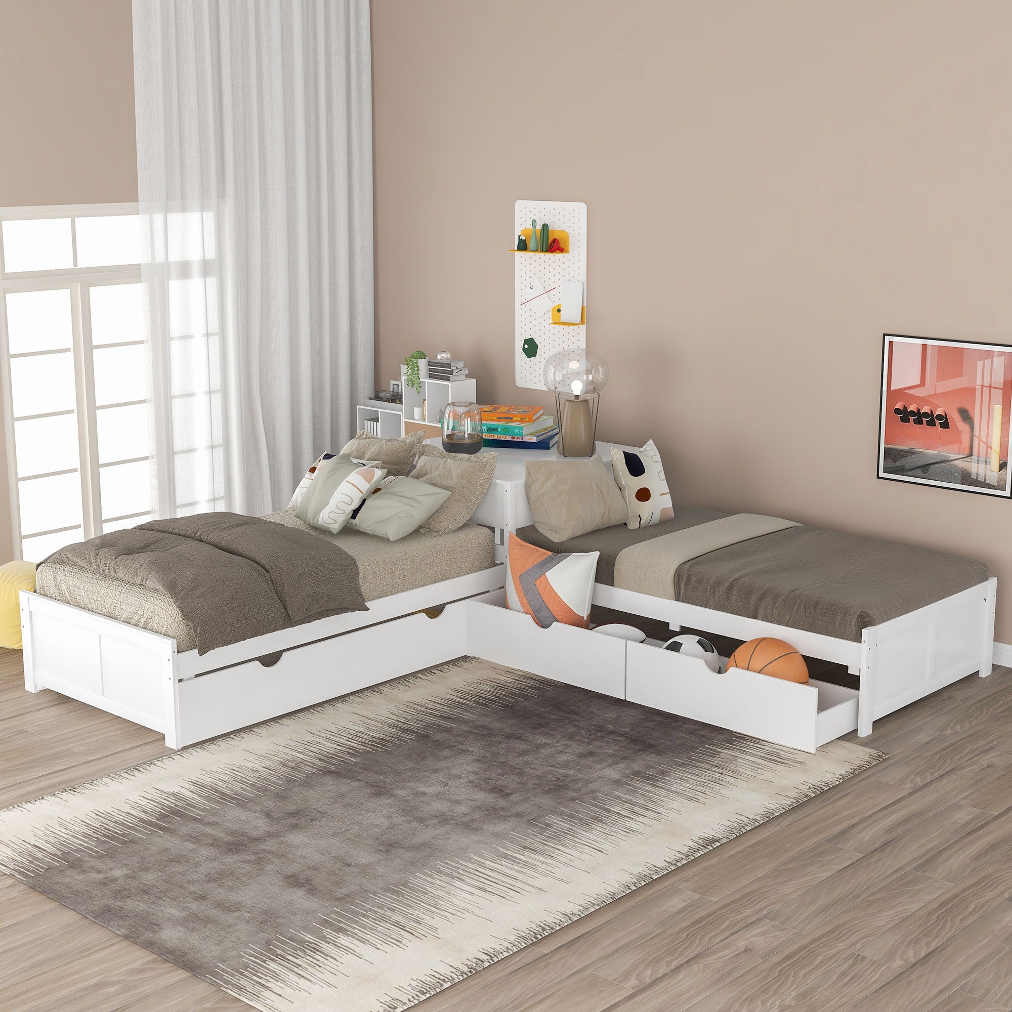 L Shaped Platform Bed With Trundle And Drawers Linked With Built In Desk