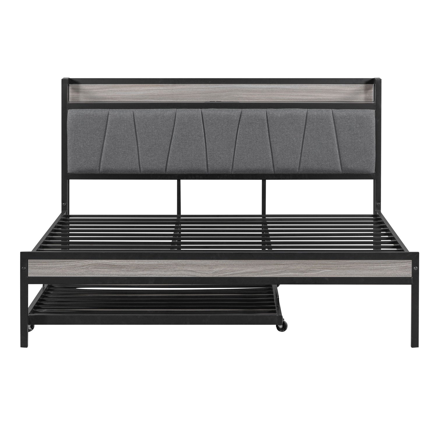 Platform Bed Frame With Trundle, USB Ports And Slat Support, No Box Spring Needed