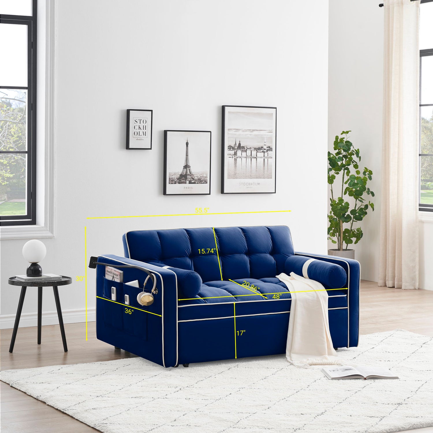 Modern Convertible Sleeper Sofa Couch With Pull Out Bed With Pillows &amp; Side Pockets For Small Space, Living Room