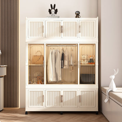 Portable Wardrobe Closet Storage Organizer With 12 Magnetic Doors, 12 Cubes &amp; Hanging Rod - White