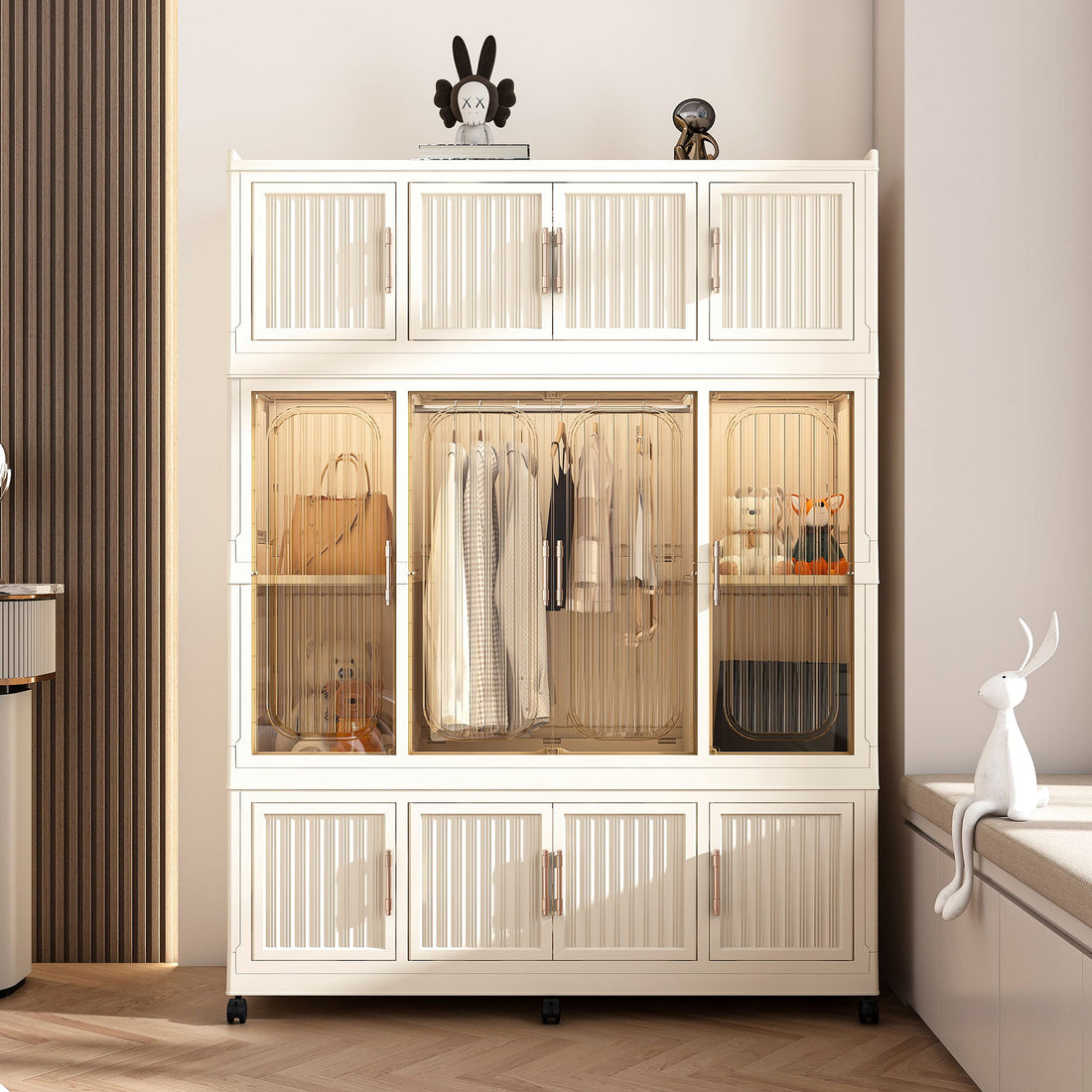 Portable Wardrobe Closet Storage Organizer With 12 Magnetic Doors, 12 Cubes, Hanging Rod &amp; 6 Hangers - Creamy White