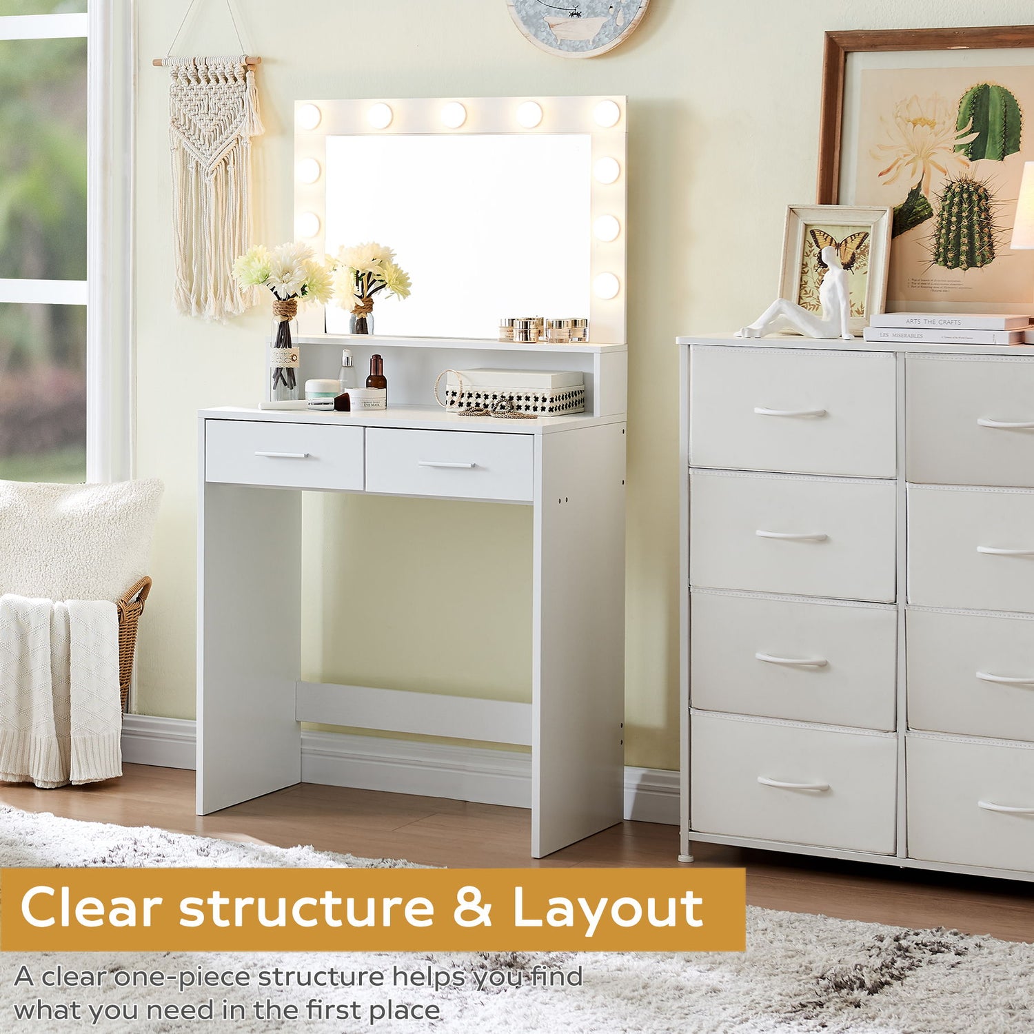Vanity Desk With Mirror And Lights, Dressing Table With Large Drawer, 2 Level Storage Dresser &amp; 3 Lighting Modes Adjustable Brightness, Suitable For Bedroom
