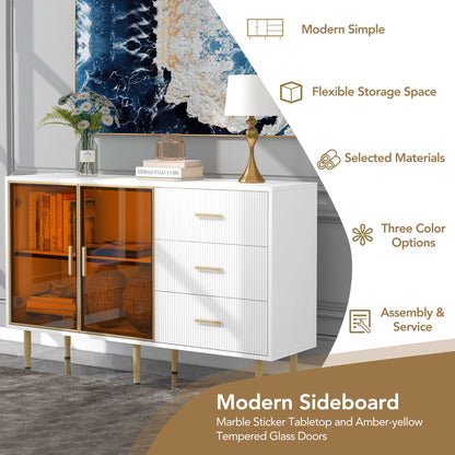 Modern Sideboard Buffet Cabinet Marble Sticker Tabletop And Amber-Yellow Tempered Glass Doors With Gold Metal Legs &amp; Handles