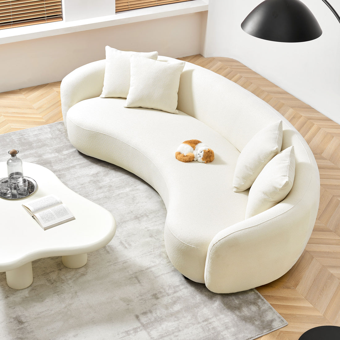 Modern Curved Sofa Mid-Century Comfy Half Moon Teddy Fabric Couch, 101&quot; Upholstered With 4 Throw Pillows For Living Room - White