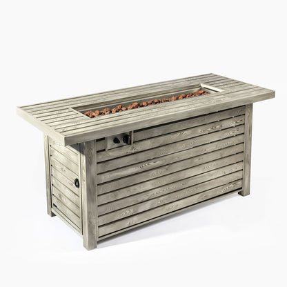 54&quot; Propane Gas Fire Pit Table, 50000 Btu Rectangular Steel Fire Pit With Imitation Wood Grain For Outside Patio Deck Garden Courtyard - Light Beige