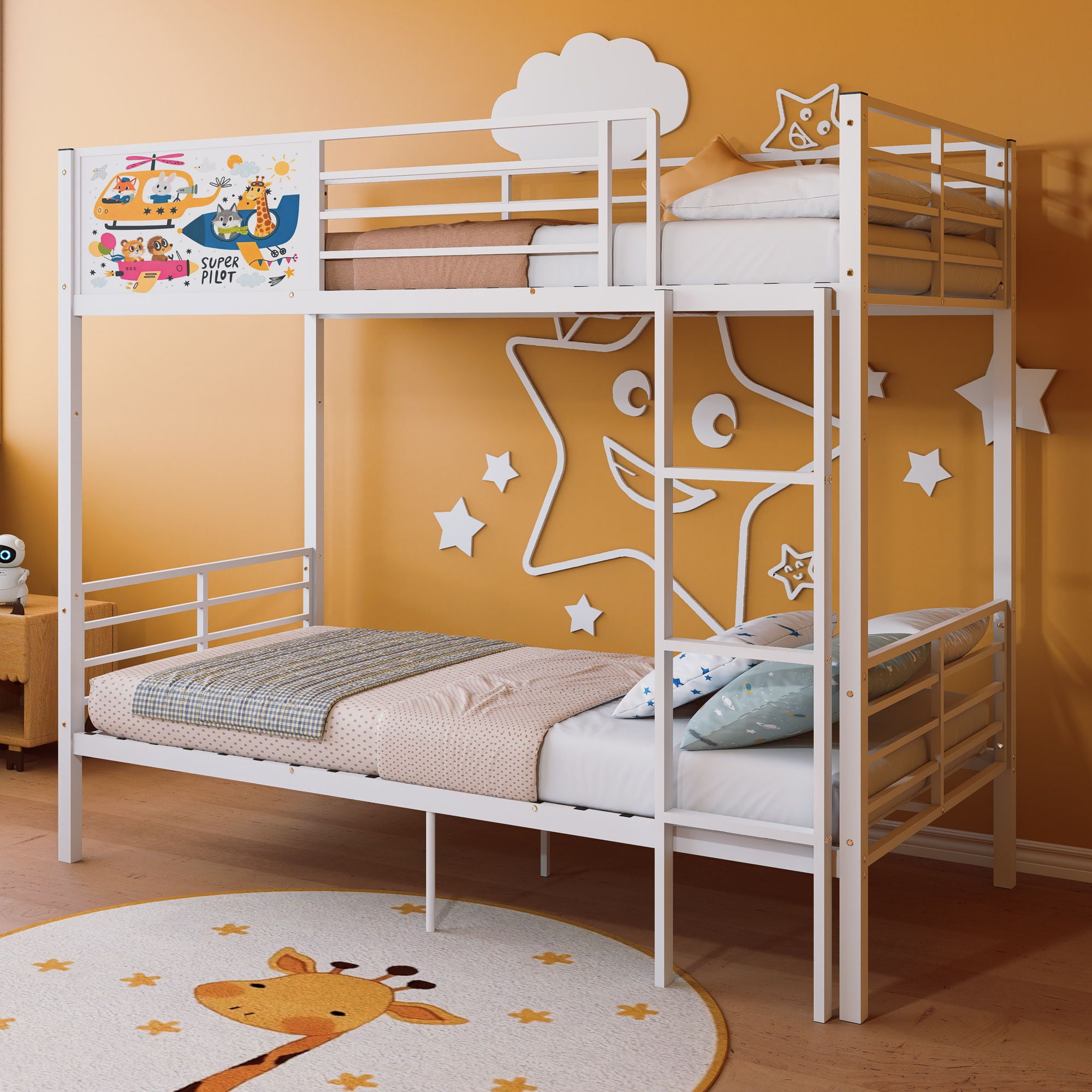 Bunk Bed, Convertible To 2 Separate Twin Size Beds With Full Length Guardrail &amp; Ladder, No Box Spring Needed - White