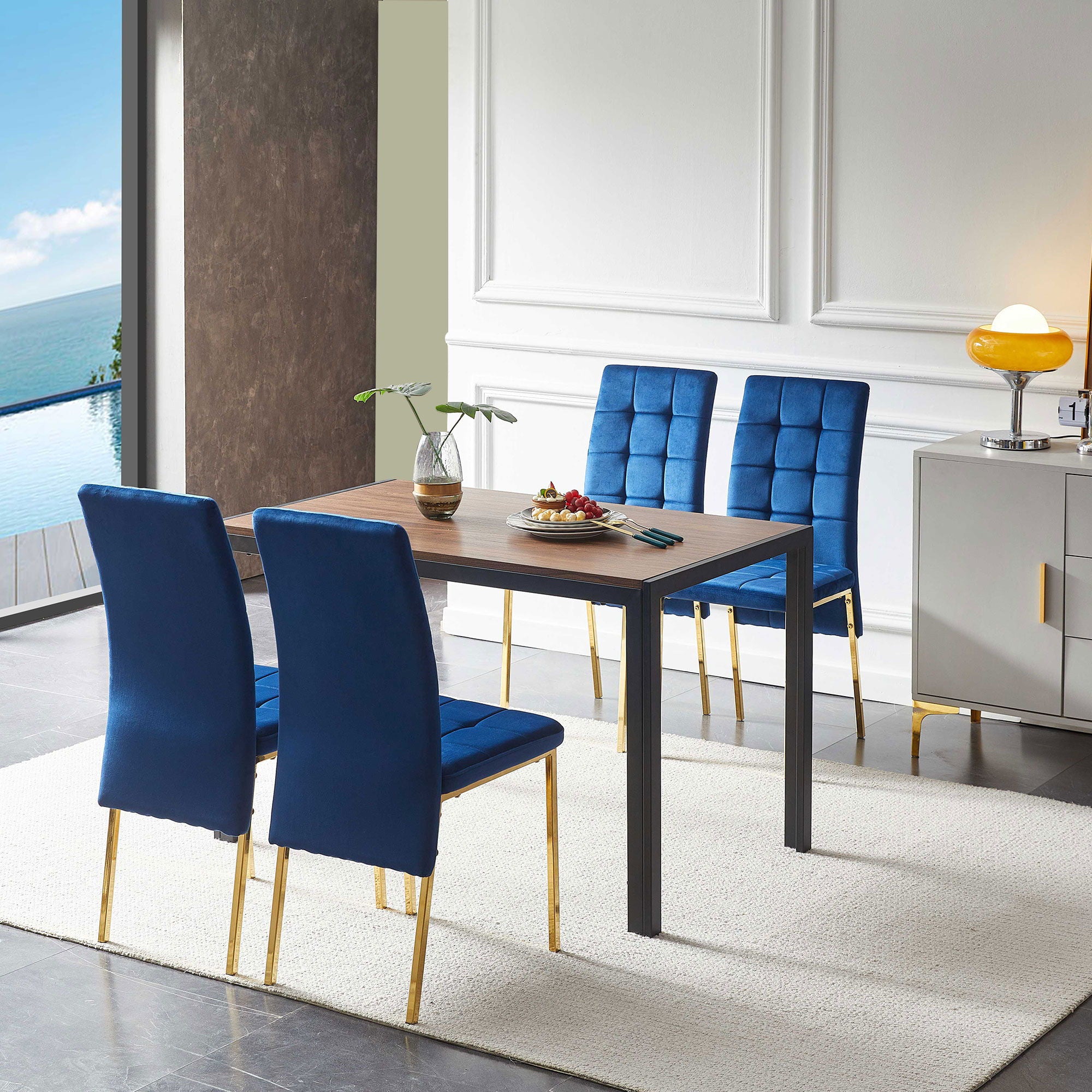 5 Pieces Dining Set Including Velvet High Back Golden Color Legs Nordic Dining Chair &amp; Creative Design Dining Table