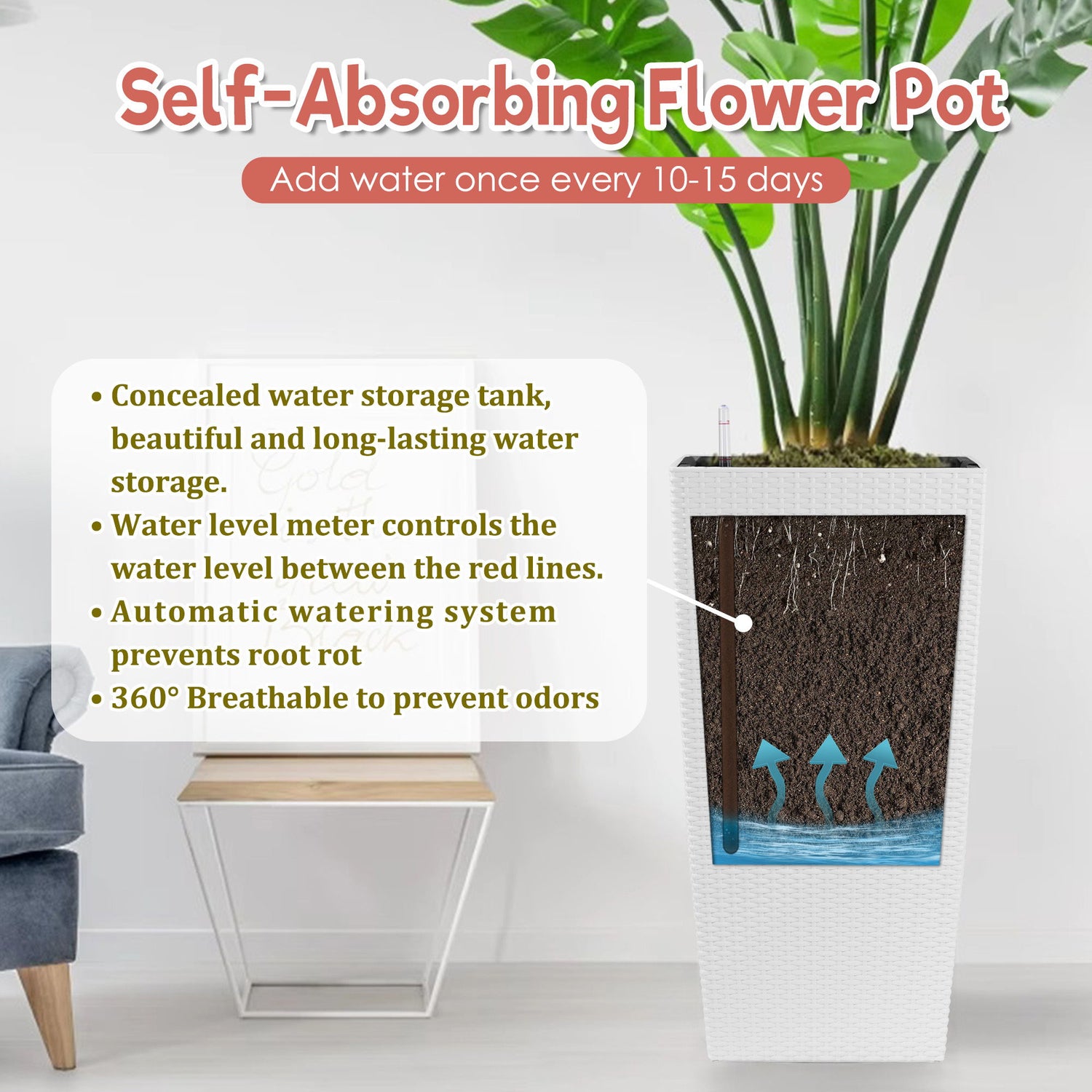 Large Self Watering Flower Pot With Drainage Holes &amp; Inner Tray