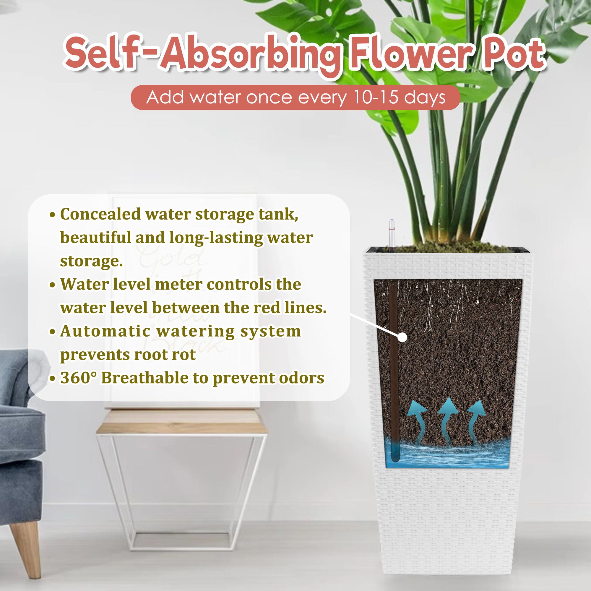 Large Self Watering Flower Pot With Drainage Holes &amp; Inner Tray