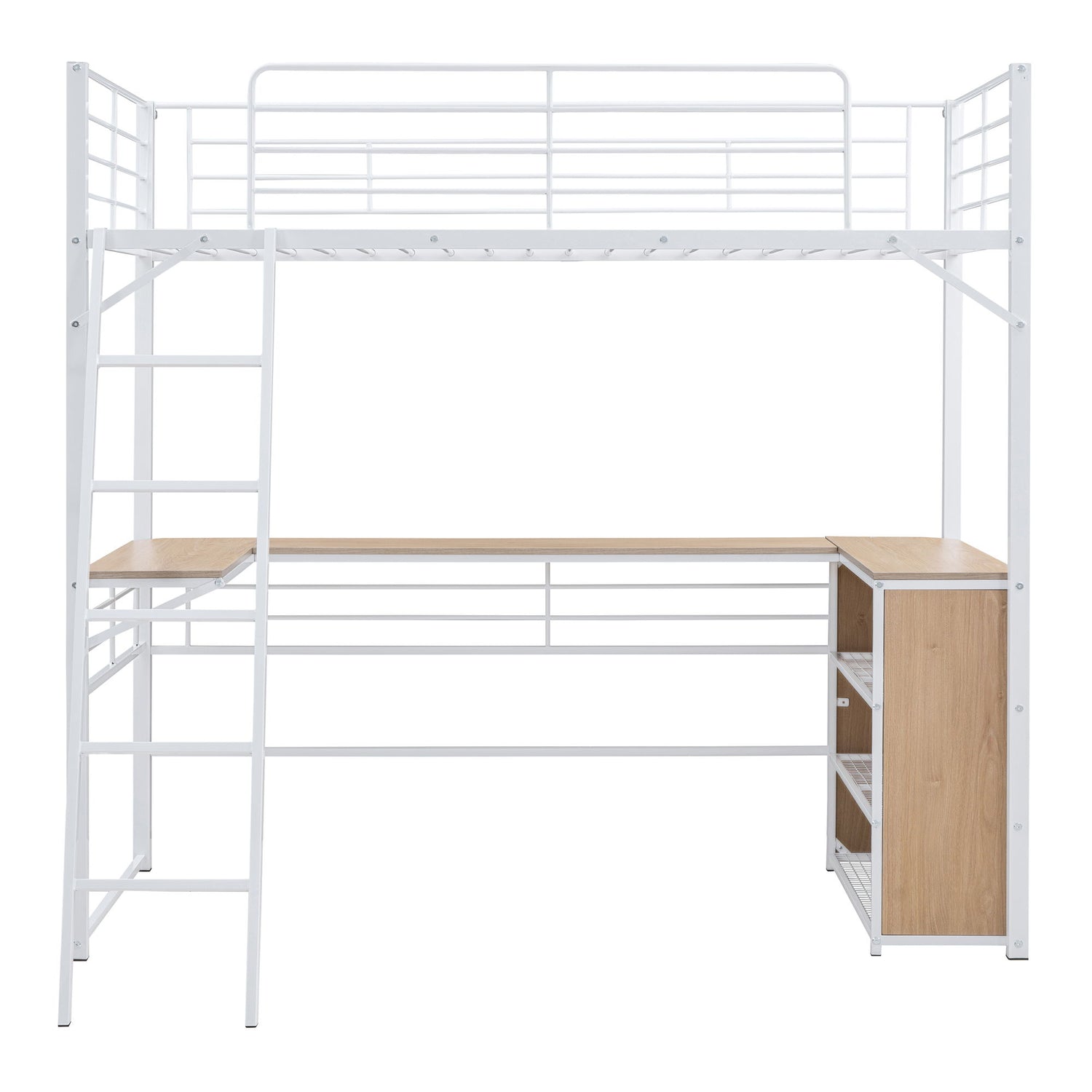 Loft Bed &amp; 3 Layers Of Shelves And L-Shaped Desk