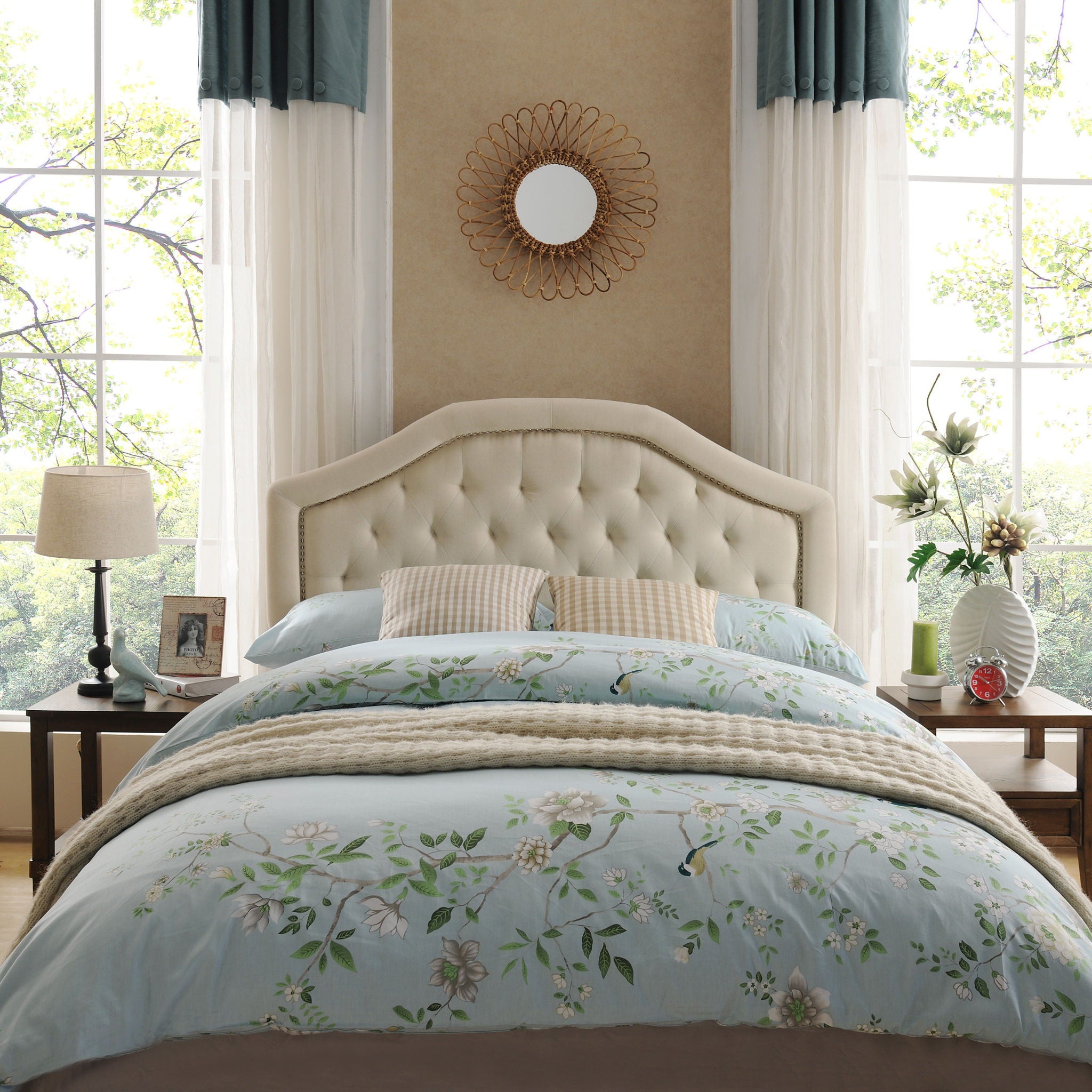 Queen &amp; Full Size Headboard With Diamond Tufting And Nailhead Trim - Beige