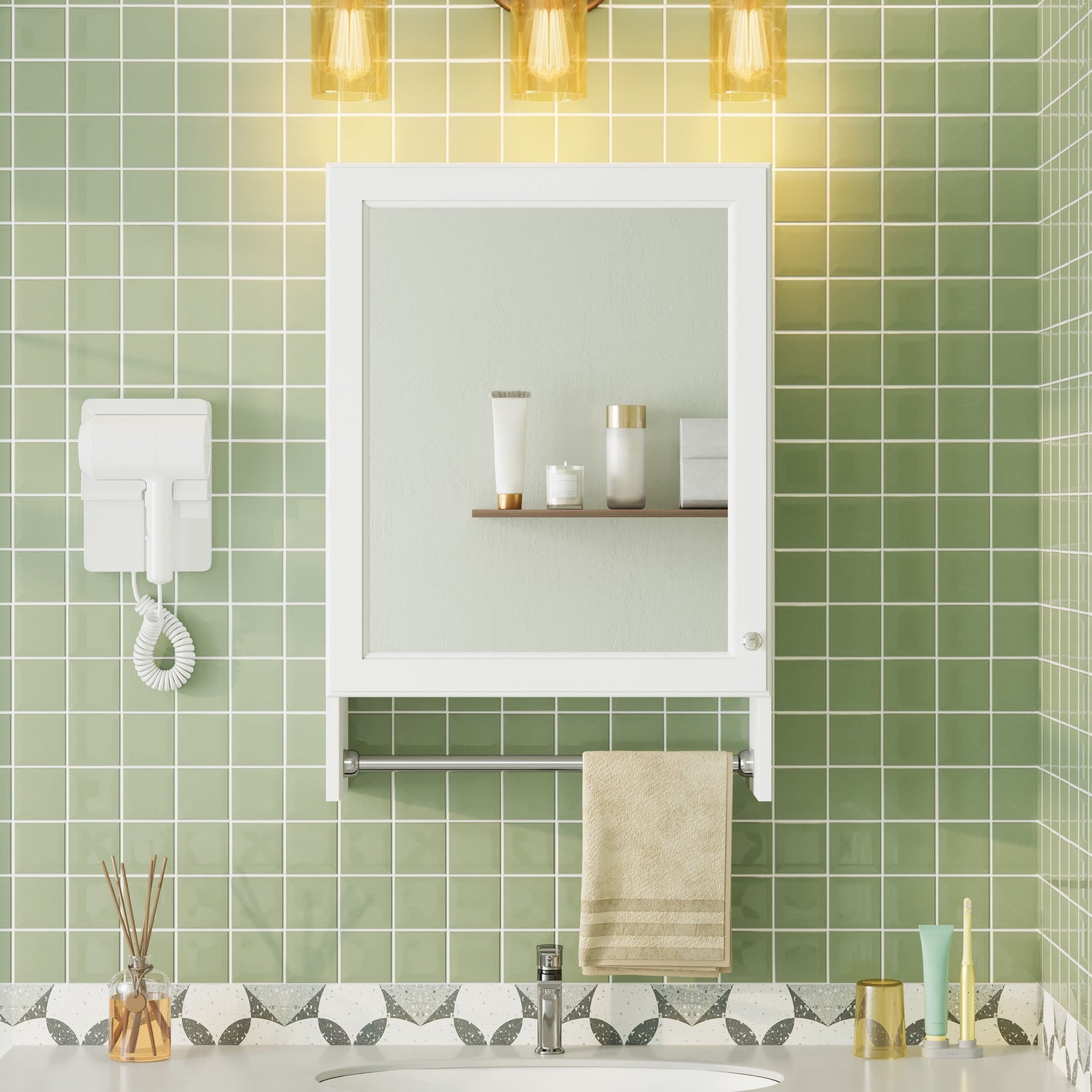 3 In 1 Wall Mounted Bathroom Mirror Cabinet With Adjustable Shelf, Soft Close Door, Mirror &amp; Towel Bar - White