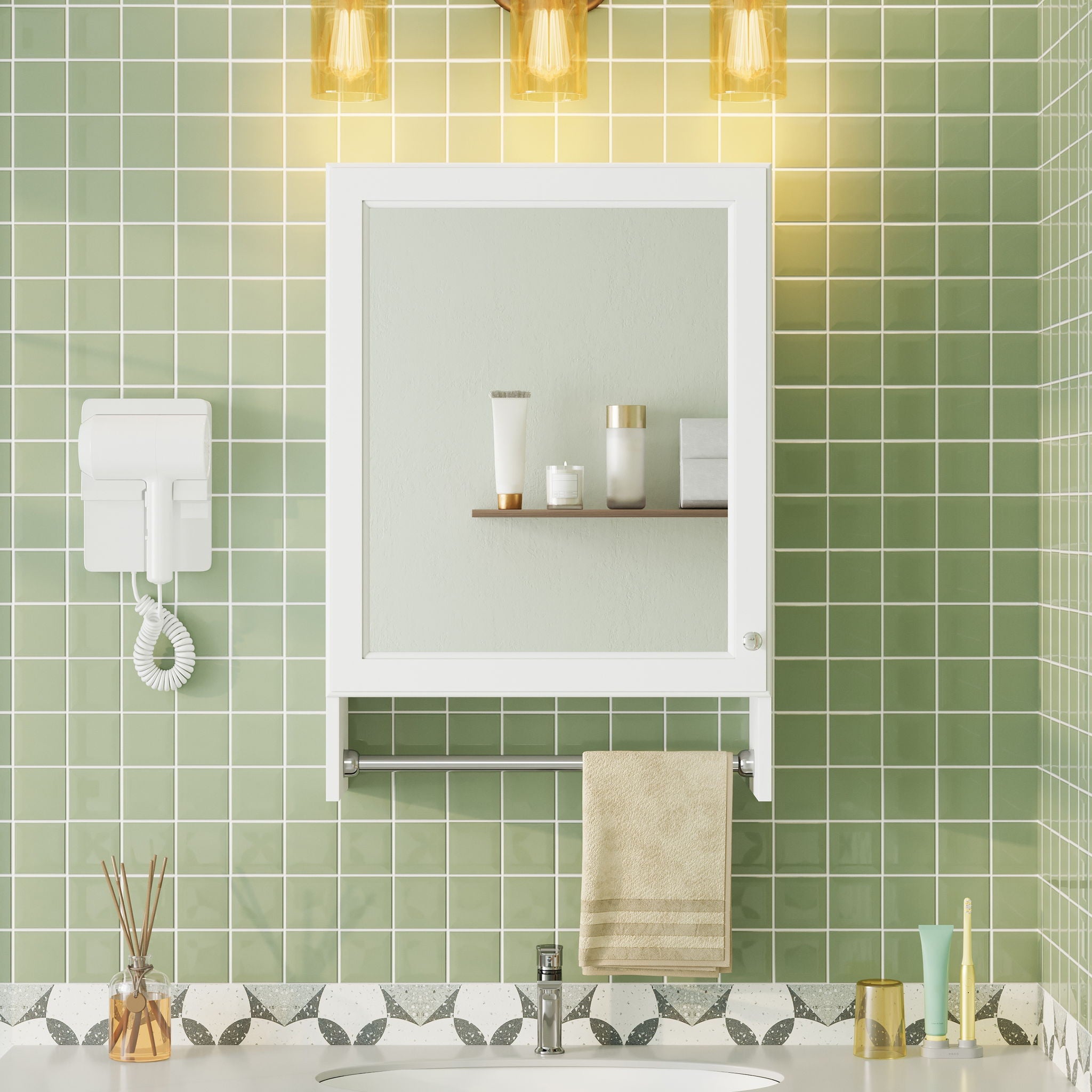 3 In 1 Wall Mounted Bathroom Mirror Cabinet With Adjustable Shelf, Soft Close Door, Mirror &amp; Towel Bar - White