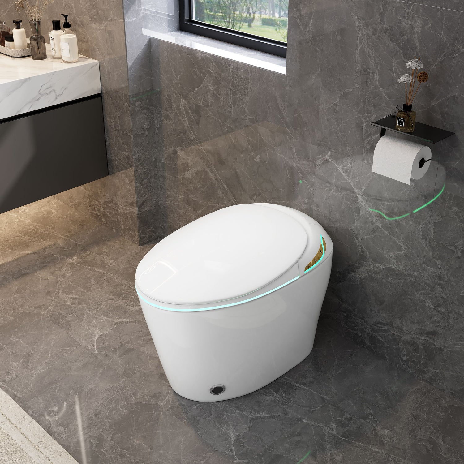 Unique Smart Toile With Built In Bidet, Auto Open / Close Seat, Foot Sensor, LED Display, Night Light, Warm Water &amp; Dryer Ceramic