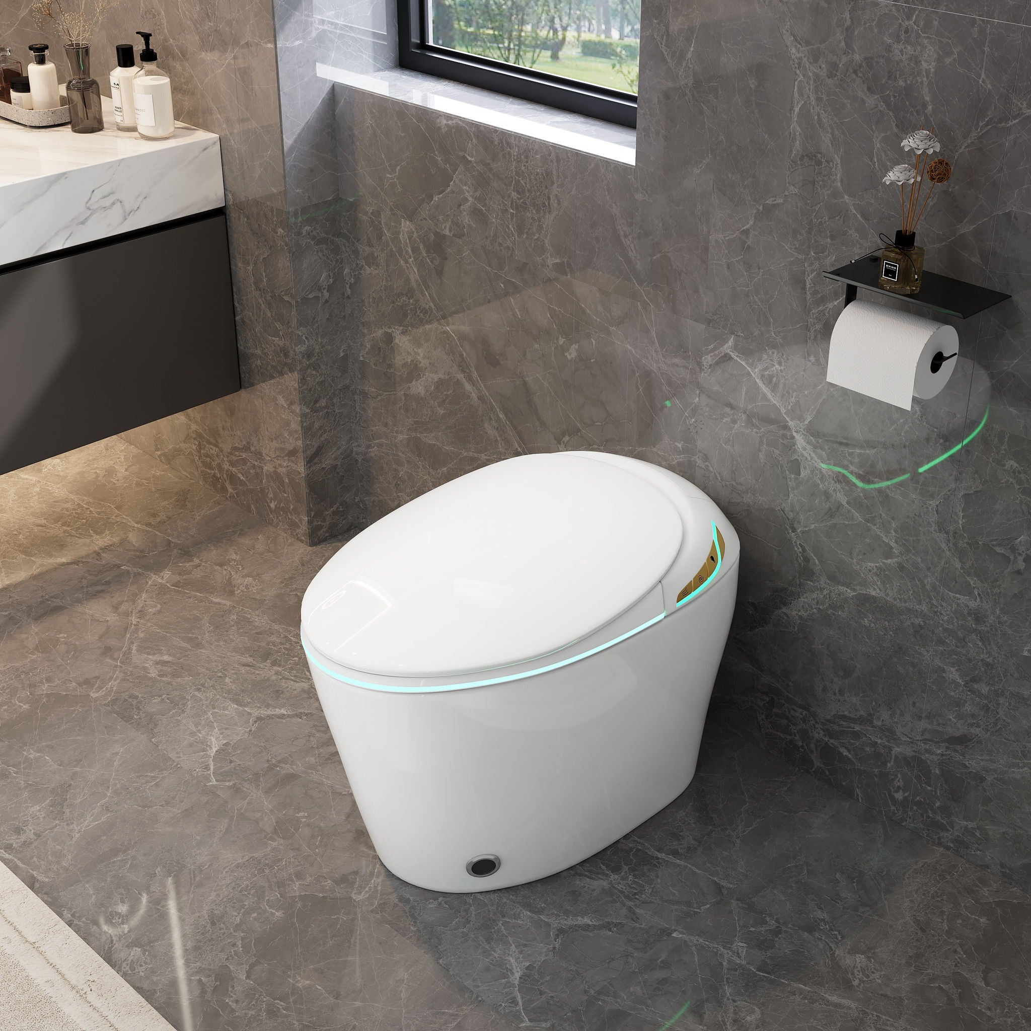 Unique Smart Toile With Built In Bidet, Auto Open / Close Seat, Foot Sensor, LED Display, Night Light, Warm Water &amp; Dryer Ceramic
