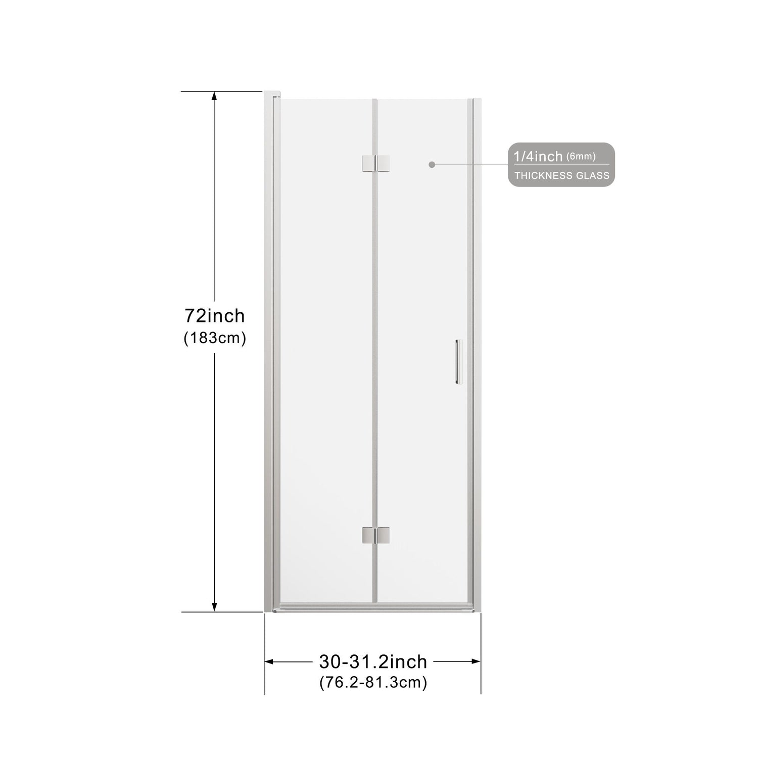 Frameless Bi Fold Shower Doors 30&quot; W X 72&quot; H - Chrome