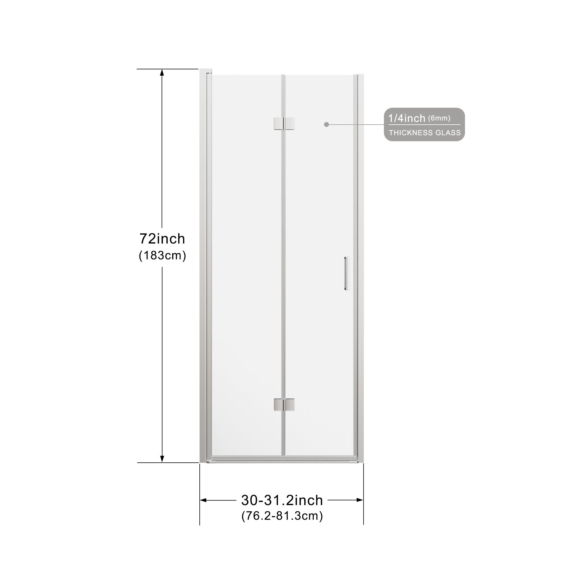 Frameless Bi Fold Shower Doors 30&quot; W X 72&quot; H - Chrome