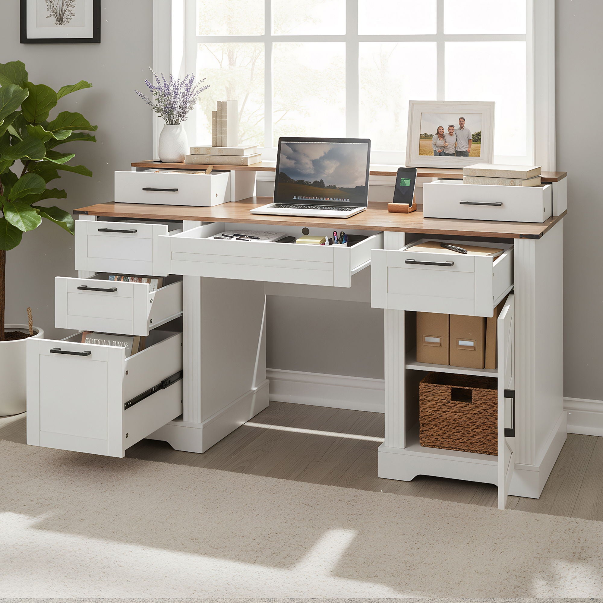 Office Desk With Charging Station &amp; Storage Cabinet