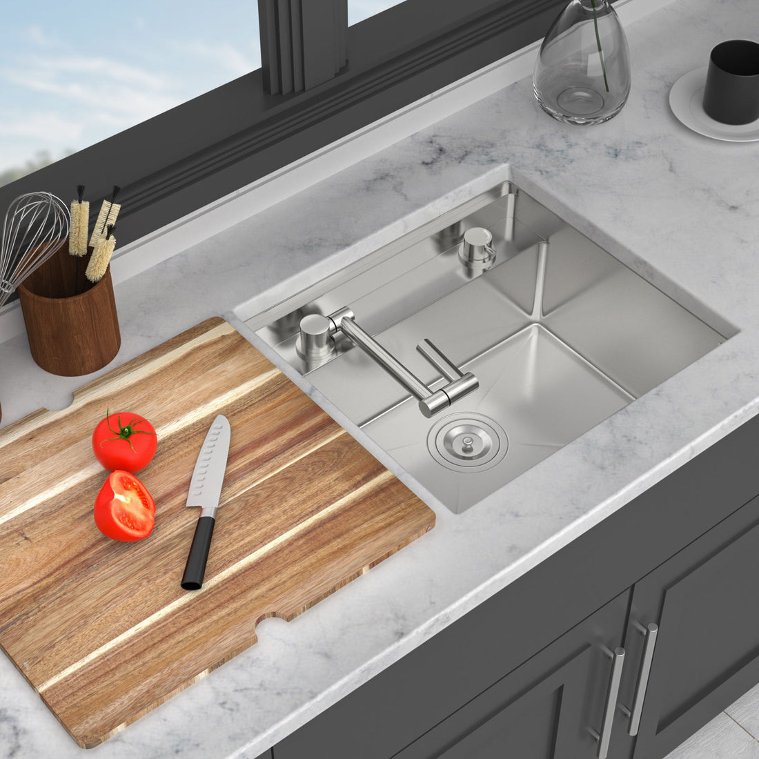 21&quot; Undermount Kitchen Sink With Folding Faucet And Cutting Board Stainless Steel 16 Gauge Workstation - Brushed Nickel