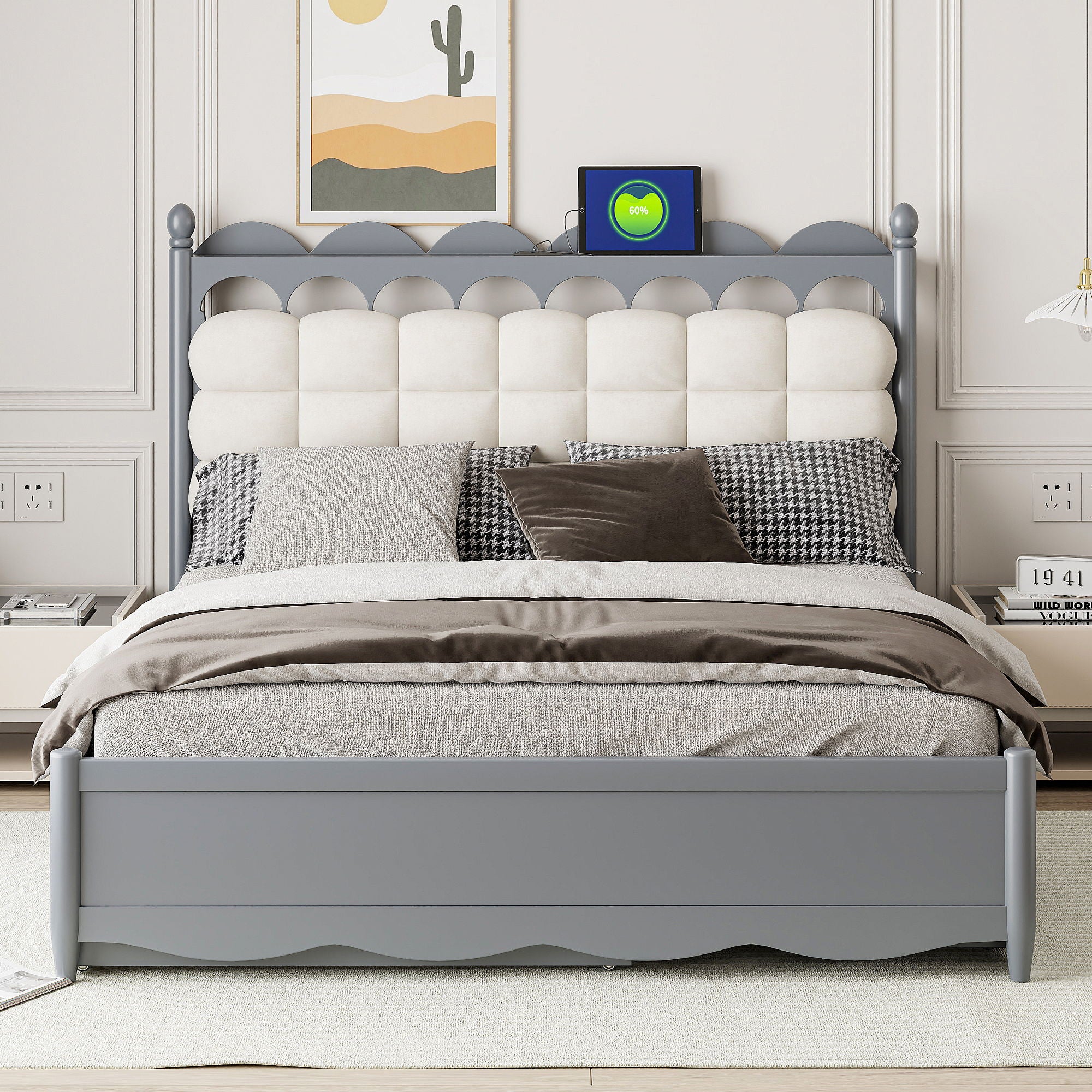 Storage Platform Bed, With 2 Big Drawers, Trundle, One Set Of Sockets &amp; USB Ports