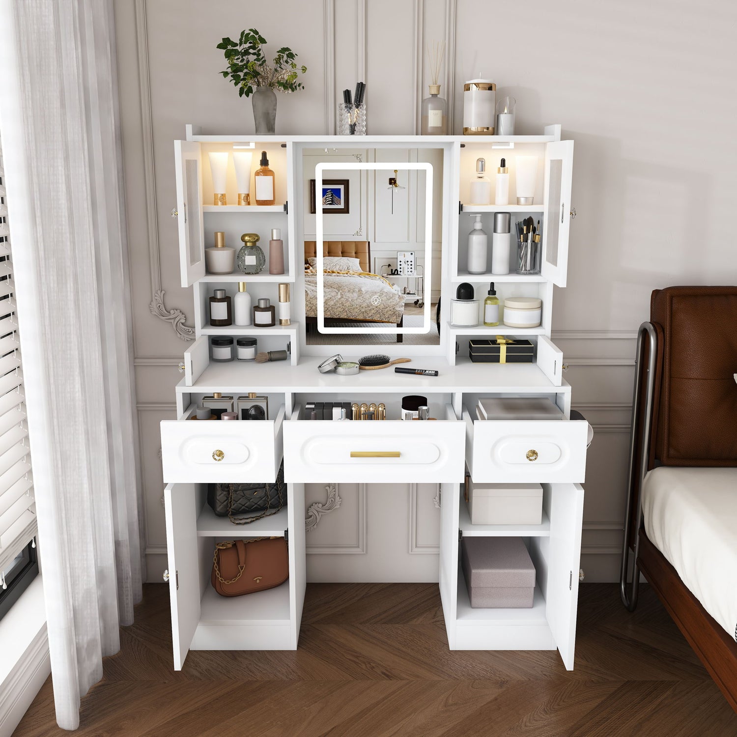 Large Vanity Table Set With Mirror, 6 Drawers &amp; Shelves, Power Socket, Hair Dryer Holder, Cabinet Light, Dressing Desk - White