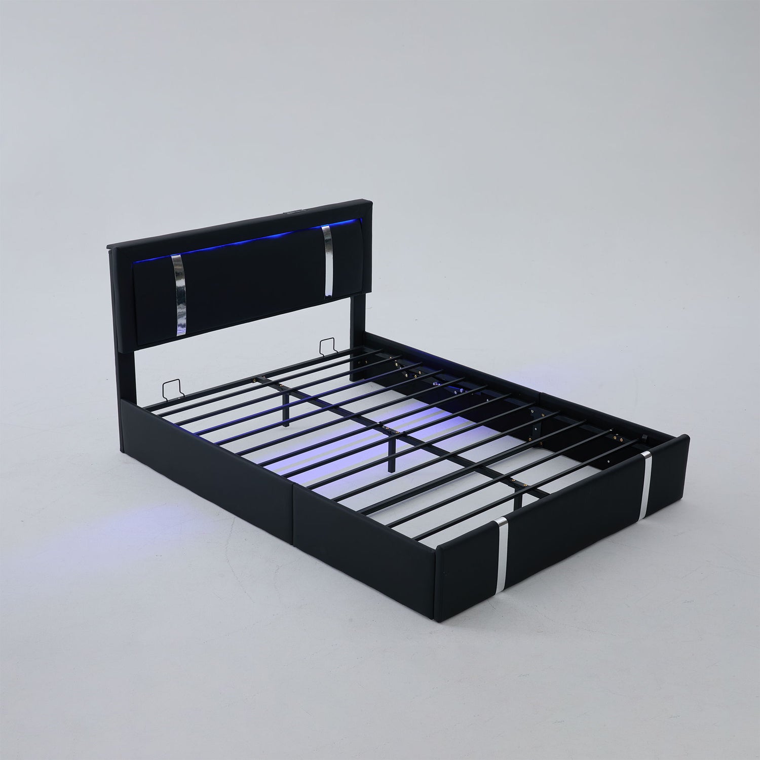 Upholstered Platform Bed Frame With Adjustable LED Headboard, USB C-Charging, Hydraulic Lift