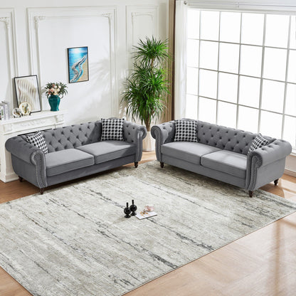 Chesterfield Velvet Upholstery Fabric Sofa With Roll Armrest &amp; Nailhead, Mid Century Modern 3 And 3 Seater Couch