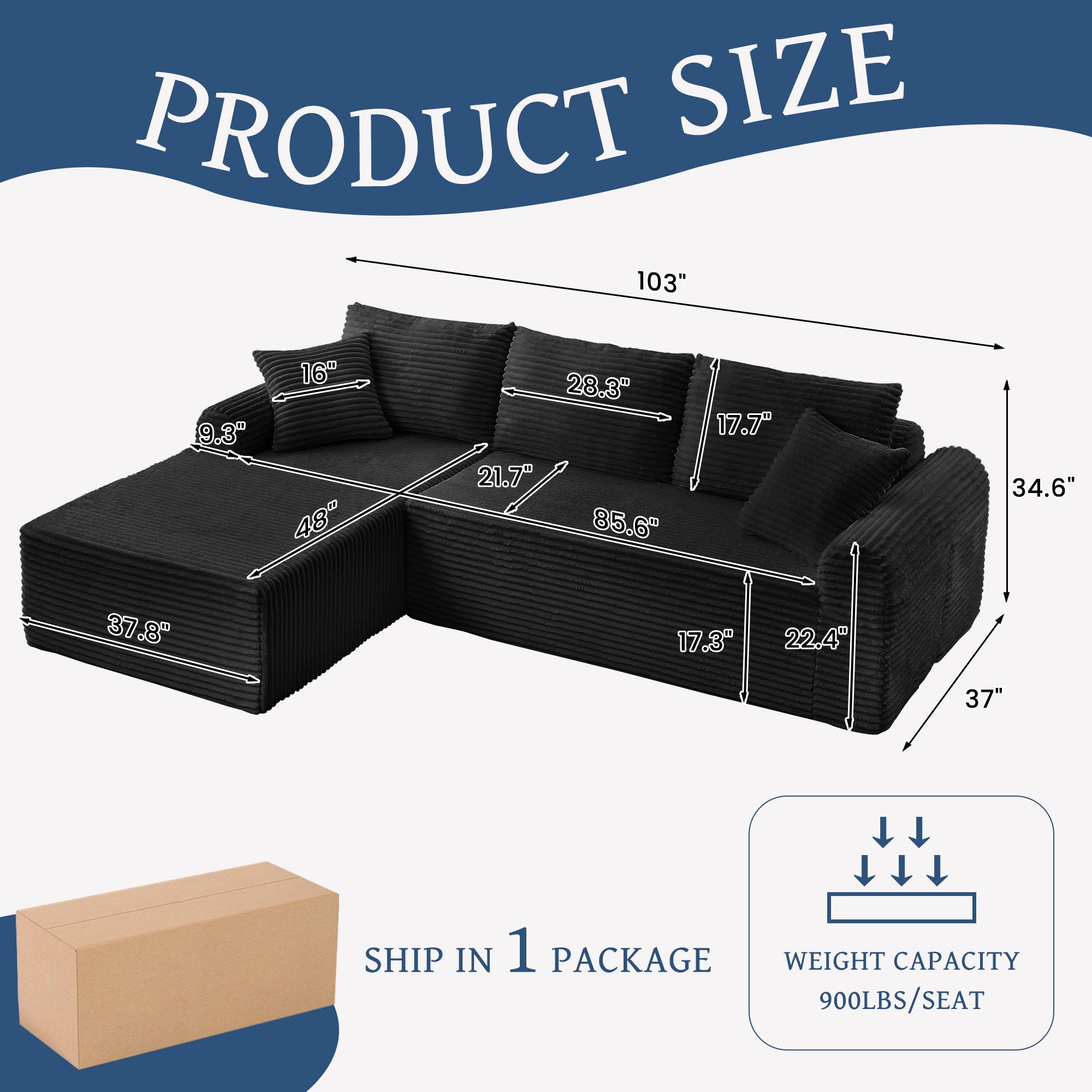 Modular Corduroy Sectional With Arched Armrests, Includes 3 Back Cushions &amp; 2 Throw Pillows