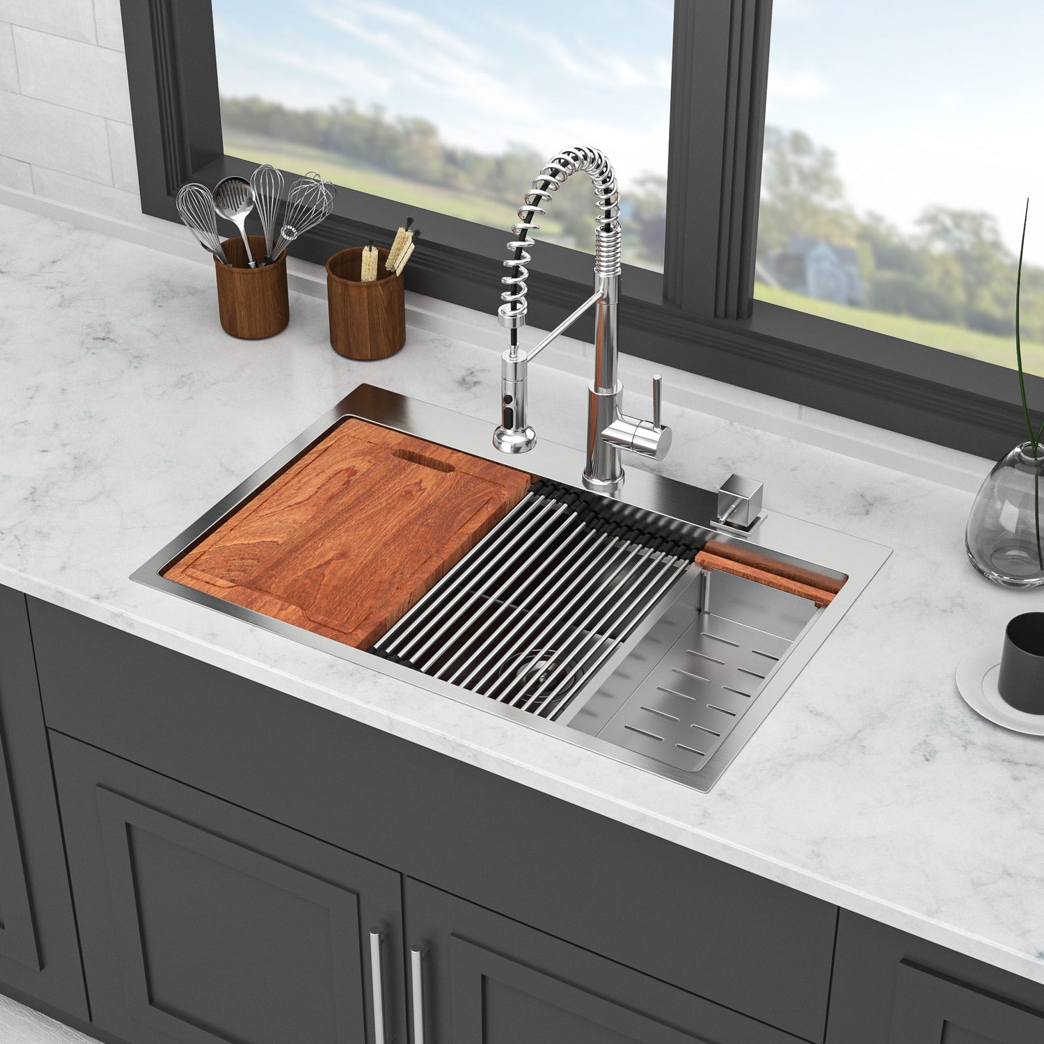 33&quot; Drop In Kitchen Sink With Ledge Workstation, Single Bowl, 16 Gauge Stainless Steel - Black / Gray