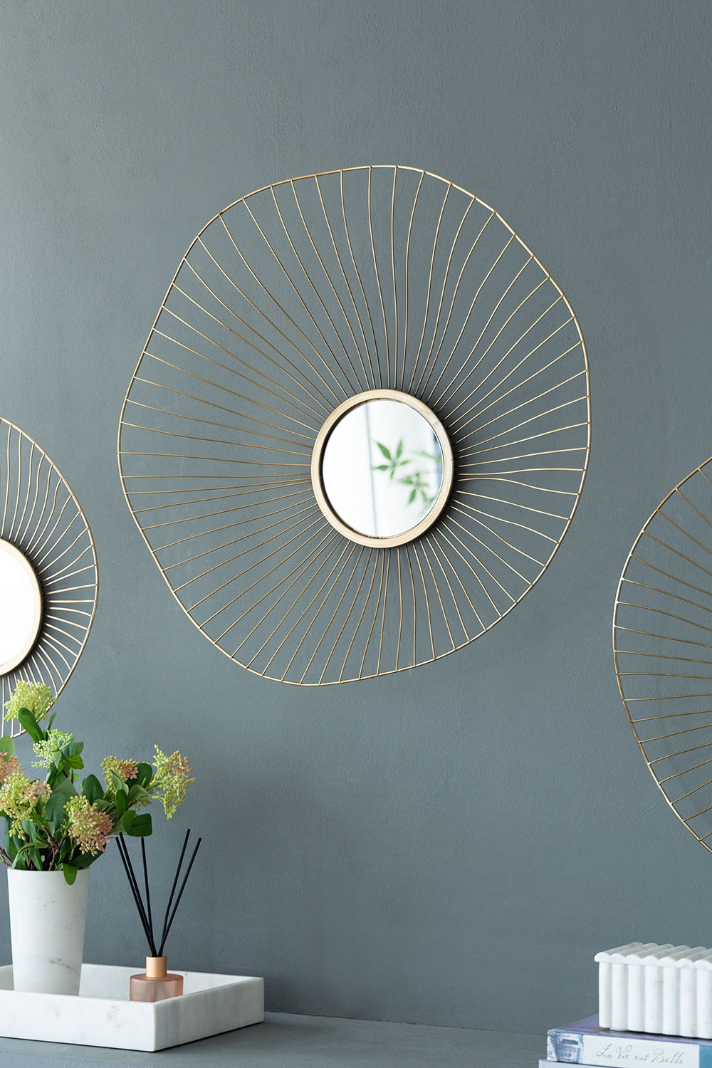 Wall Mirror Abstract Designed Wall Mirrors WithFrame For Home &amp; Office, Top Of Sideboard (Set of 3) - Gold
