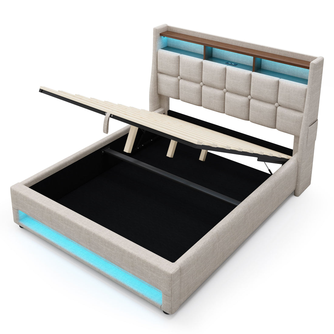 Platform Bed With Hydraulic Storage, LED Lighting &amp; Charging Station