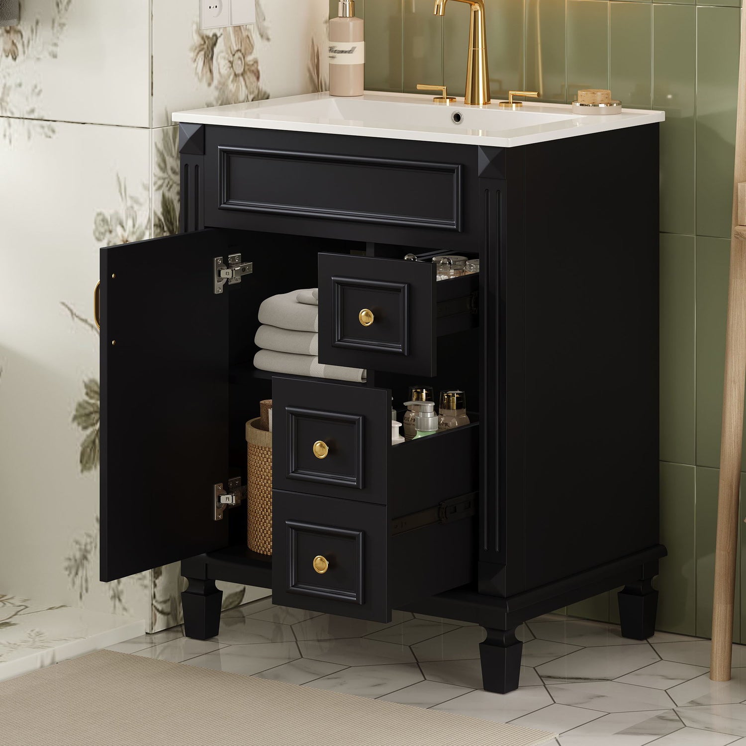 Bathroom Vanity With Sink, Compact Cabinet &amp; 2 Drawers And Adjustable Shelf