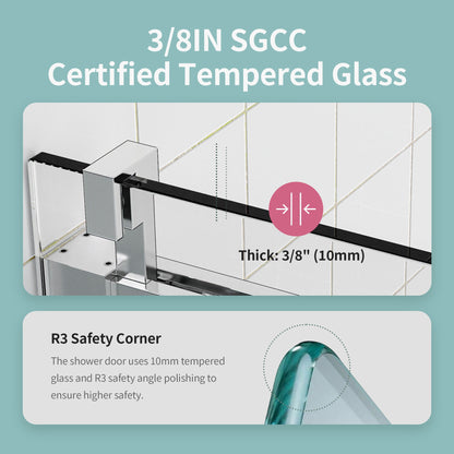 Frameless Single Sliding Soft Close Shower Doors, 3 / 8" Tempered Glass Reversible Installatio