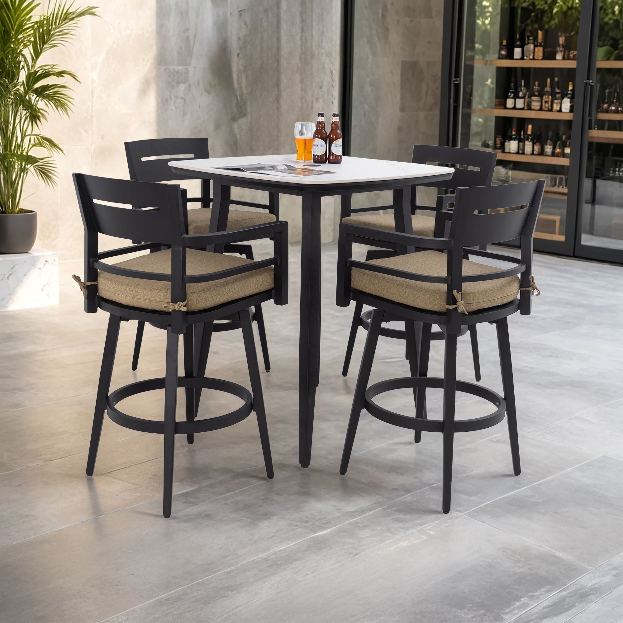 5 Pieces Outdoor Patio Bar Set, Rounded Square Sintered Stone Table &amp; 4 Swivel Bar Chairs