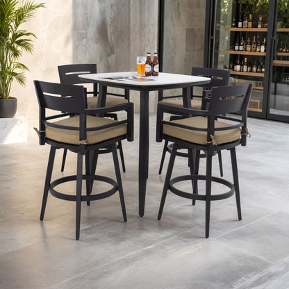 5 Pieces Outdoor Patio Bar Set, Rounded Square Sintered Stone Table &amp; 4 Swivel Bar Chairs